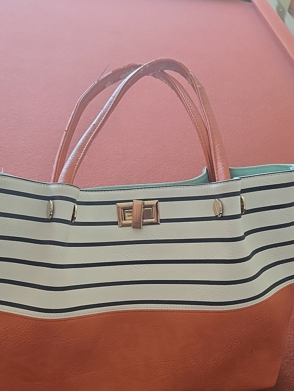 Striped Two-Tone Tote Bag in White and Orange *flaw*